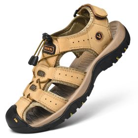 Men Summer Leather Sandal Outdoor Casual Shoe Man Mountain Hiking Sandals Non-slip High Quality Trekking Sandal Plus Size 46 (Color: Khaki, size: 44)