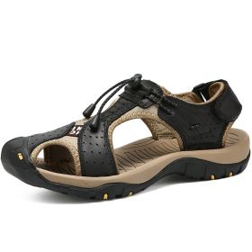 Men Summer Sandal Cow Leather Hiking Sandal Man Beach Sandal Outdoor Casual Shoe High Quality Leather Aqua Shoes Plus Size 46 (Color: Black, size: 45)