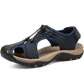 Men Summer Sandal Cow Leather Hiking Sandal Man Beach Sandal Outdoor Casual Shoe High Quality Leather Aqua Shoes Plus Size 46 (Color: Navy, size: 45)