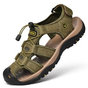 Men Summer Leather Sandal Outdoor Casual Shoe Man Mountain Hiking Sandals Non-slip High Quality Trekking Sandal Plus Size 46 (Color: Army Green, size: 38)