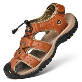 Men Summer Leather Sandal Outdoor Casual Shoe Man Mountain Hiking Sandals Non-slip High Quality Trekking Sandal Plus Size 46 (Color: Brown, size: 45)